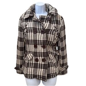 Oleg Cassini Wool Coat Sz L Double‎ Breasted Jacket Lined Brown White Pockets